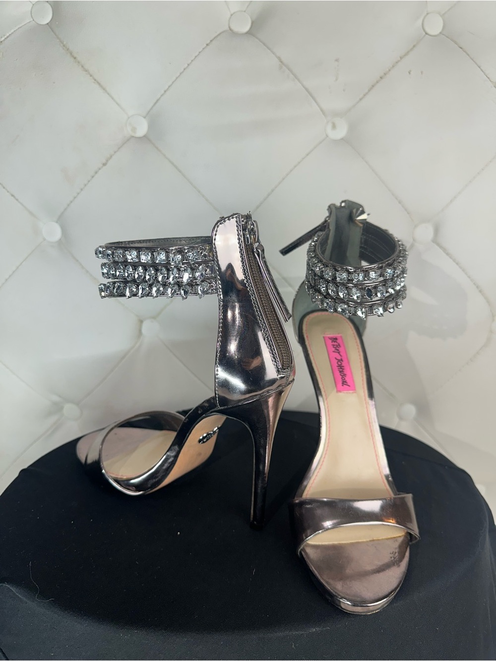 Betsey Johnson Silver Crystal-Strap Metallic Stiletto Sandals - Picture 4 of 4